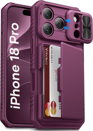 Vihibii for iPhone 18 Pro Case with Card Holder (4 Cards), Burgundy