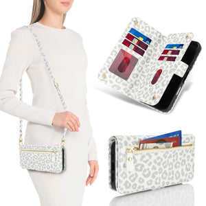 for iPhone 17 Pro 18 Pro Wallet Case Crossbody Lanyard White Leopard