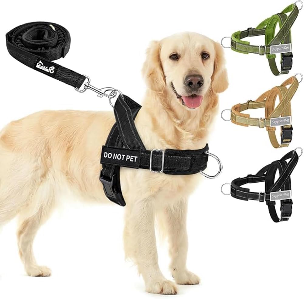 SlowTon No Pull Large Medium Dog Harness and Leash Set,No Choke Escapeproof Neck & Chest Adjustable, 5.9 Ft Dog Leash Anti-Twist Pet Lead, Soft Padded Reflective Tactical Military Dog Harness