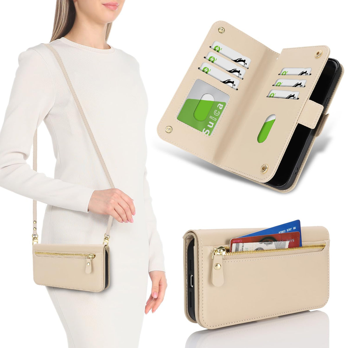 for iPhone 17 Pro 18 Pro Wallet Case Crossbody Lanyard White Leopard
