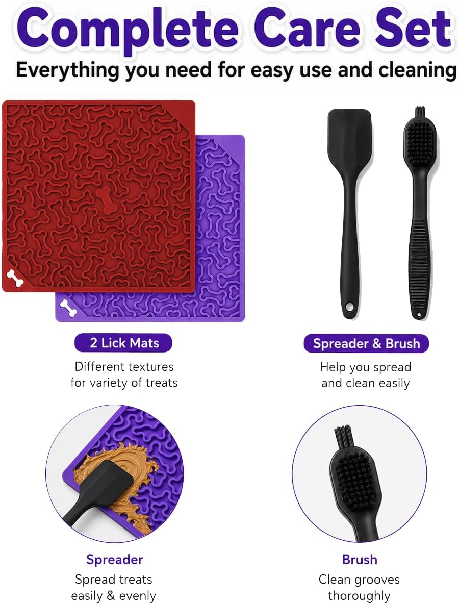 Dog Lick Mat with Strong Suction Cups, 2-Pack Multi-Texture Silicone Licking Mat for Anxiety Relief, Slow Feeder Pet Treat Mat for Dog Bathing, Grooming & Training, BPA-Free, Purple/Red