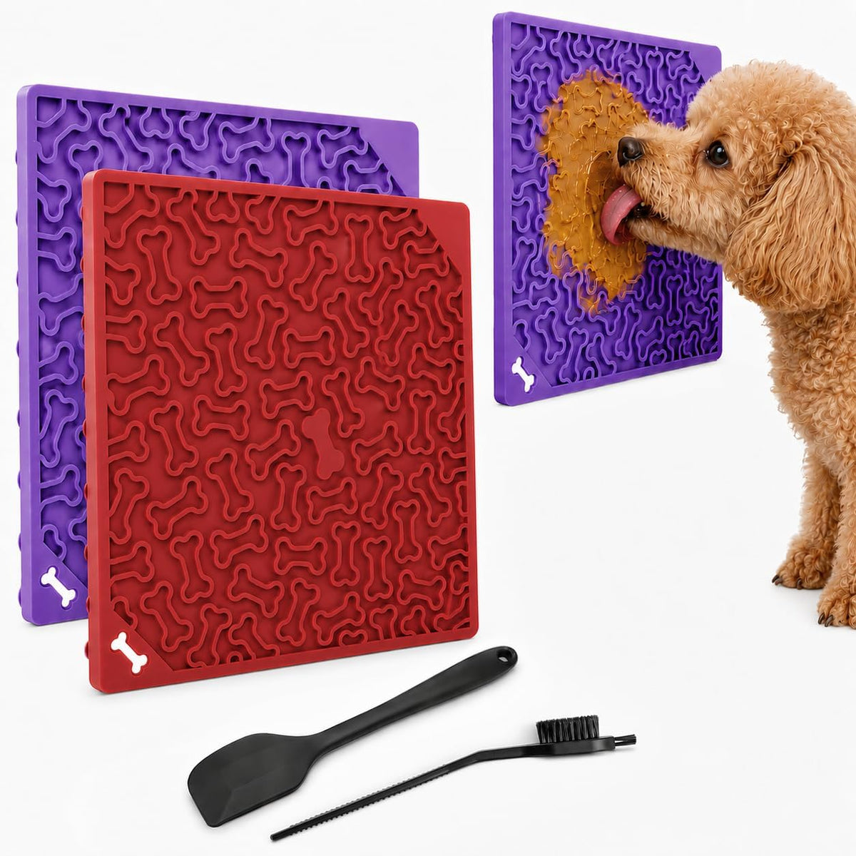 Dog Lick Mat with Strong Suction Cups, 2-Pack Multi-Texture Silicone Licking Mat for Anxiety Relief, Slow Feeder Pet Treat Mat for Dog Bathing, Grooming & Training, BPA-Free, Purple/Red