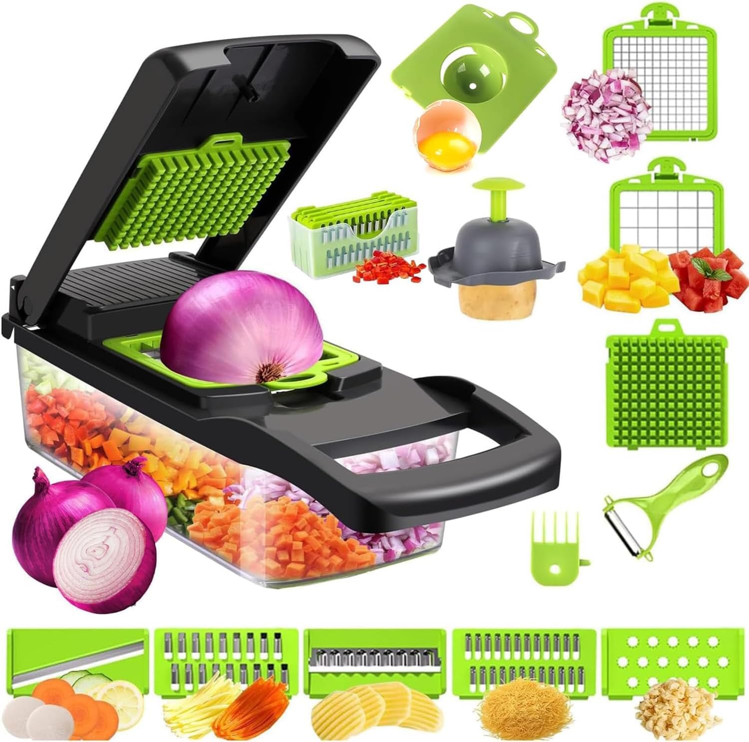 Vegetable Chopper Cutter 16-in-1, Food Veggie Chopper, Onion Dicer Mandoline Slicer with Container, Fruit Slicer and Cutter for Potato Salad Veggie Fruit French Fry Vege - Top Kitchen Tools & Gadgets