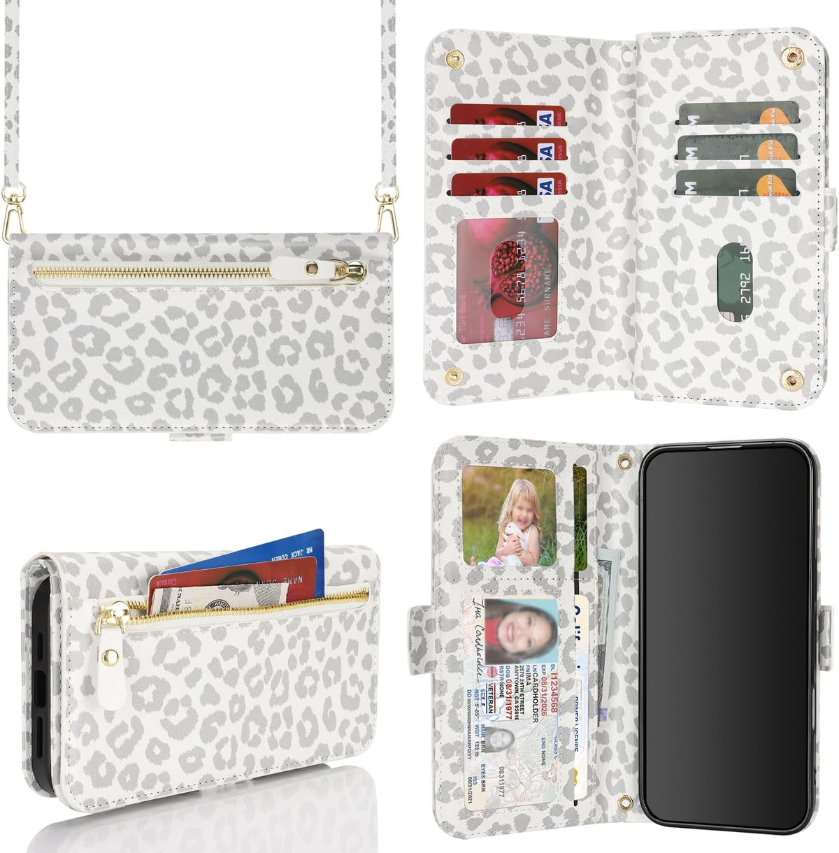 for iPhone 17 Pro 18 Pro Wallet Case Crossbody Lanyard White Leopard