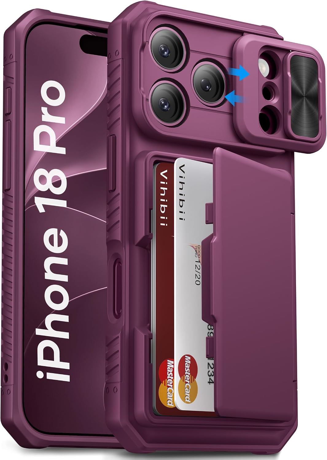 Vihibii for iPhone 18 Pro Case with Card Holder (4 Cards), Burgundy