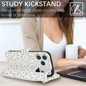 for iPhone 17 Pro 18 Pro Wallet Case Crossbody Lanyard White Leopard