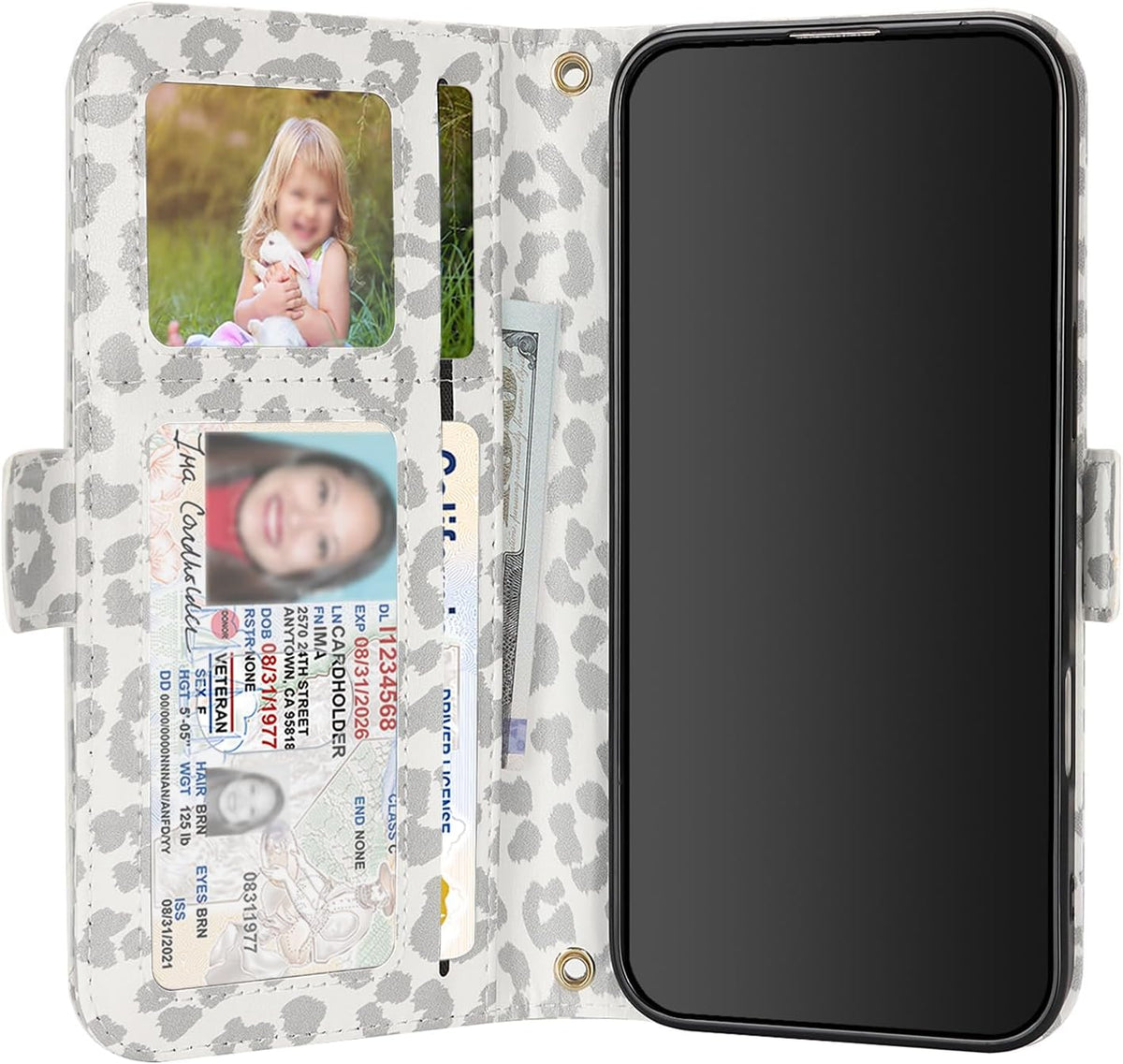 for iPhone 17 Pro 18 Pro Wallet Case Crossbody Lanyard White Leopard