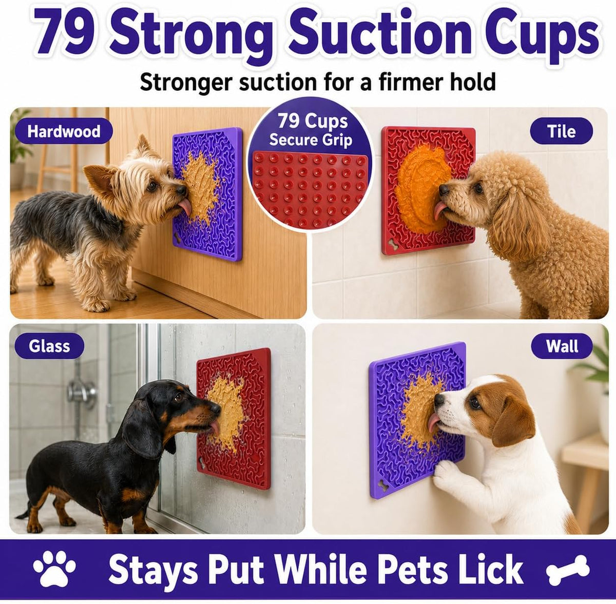 Dog Lick Mat with Strong Suction Cups, 2-Pack Multi-Texture Silicone Licking Mat for Anxiety Relief, Slow Feeder Pet Treat Mat for Dog Bathing, Grooming & Training, BPA-Free, Purple/Red