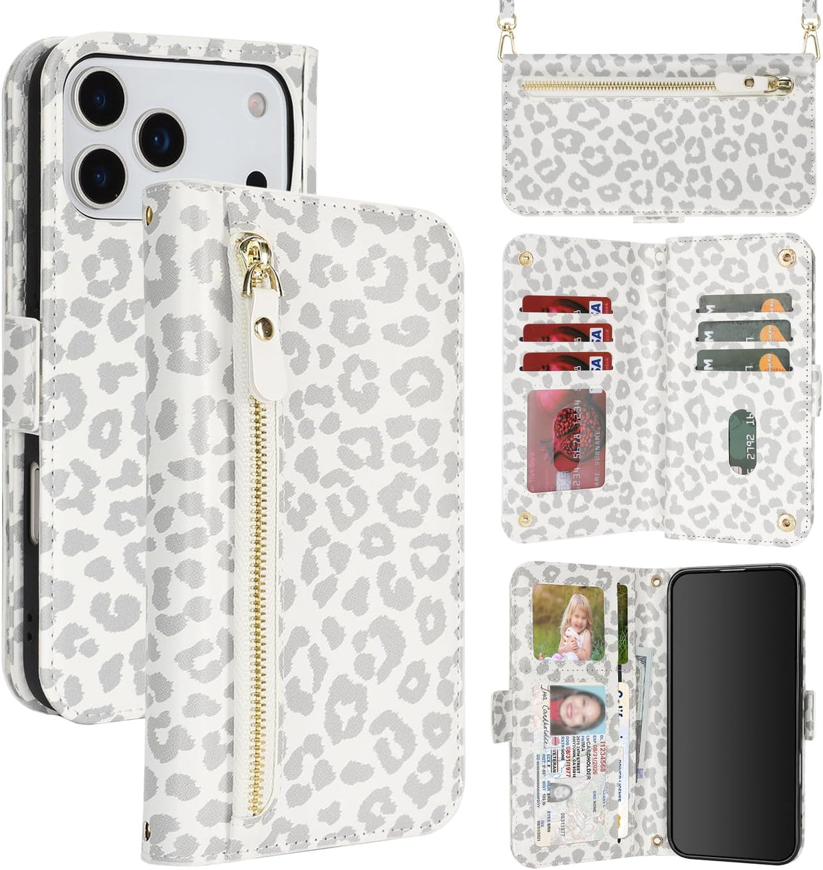 for iPhone 17 Pro 18 Pro Wallet Case Crossbody Lanyard White Leopard