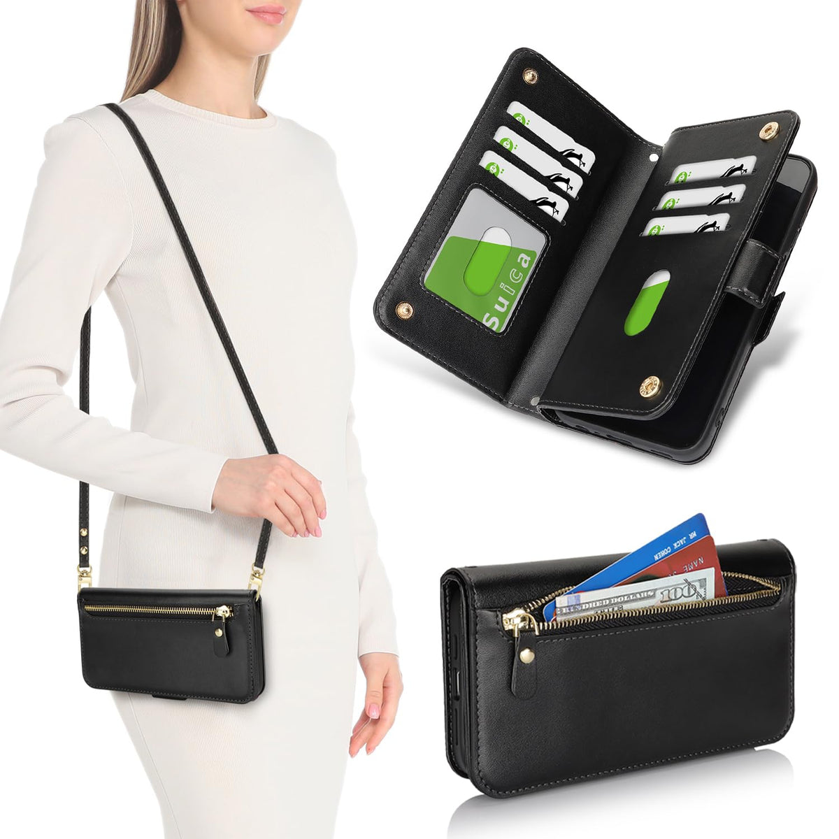 for iPhone 17 Pro 18 Pro Wallet Case Crossbody Lanyard White Leopard
