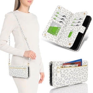 for iPhone 17 Pro 18 Pro Wallet Case Crossbody Lanyard White Leopard