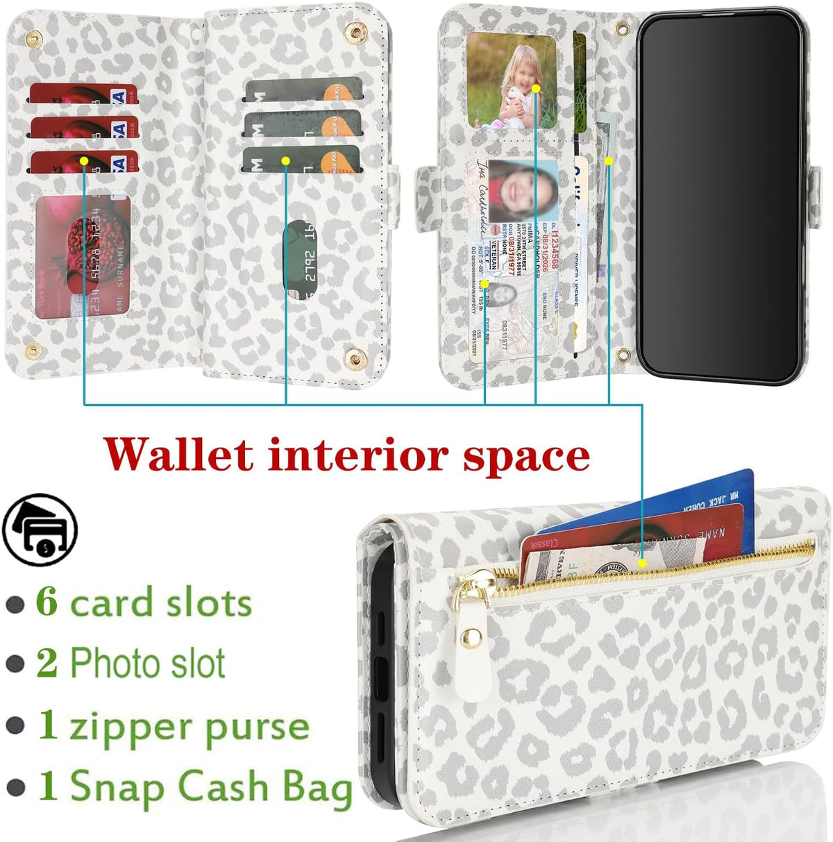 for iPhone 17 Pro 18 Pro Wallet Case Crossbody Lanyard White Leopard