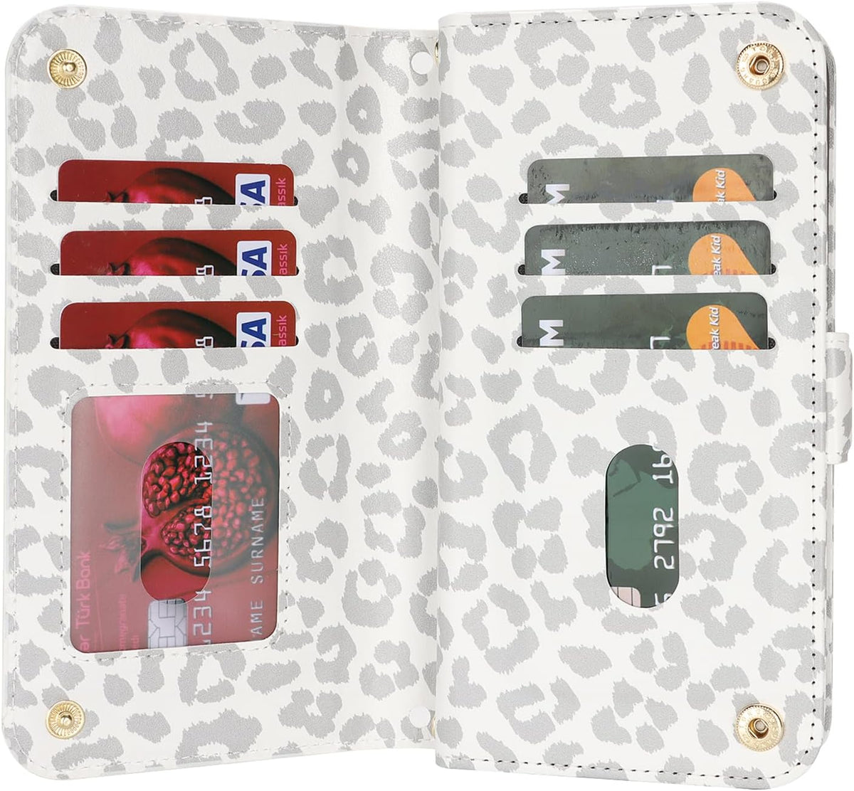 for iPhone 17 Pro 18 Pro Wallet Case Crossbody Lanyard White Leopard