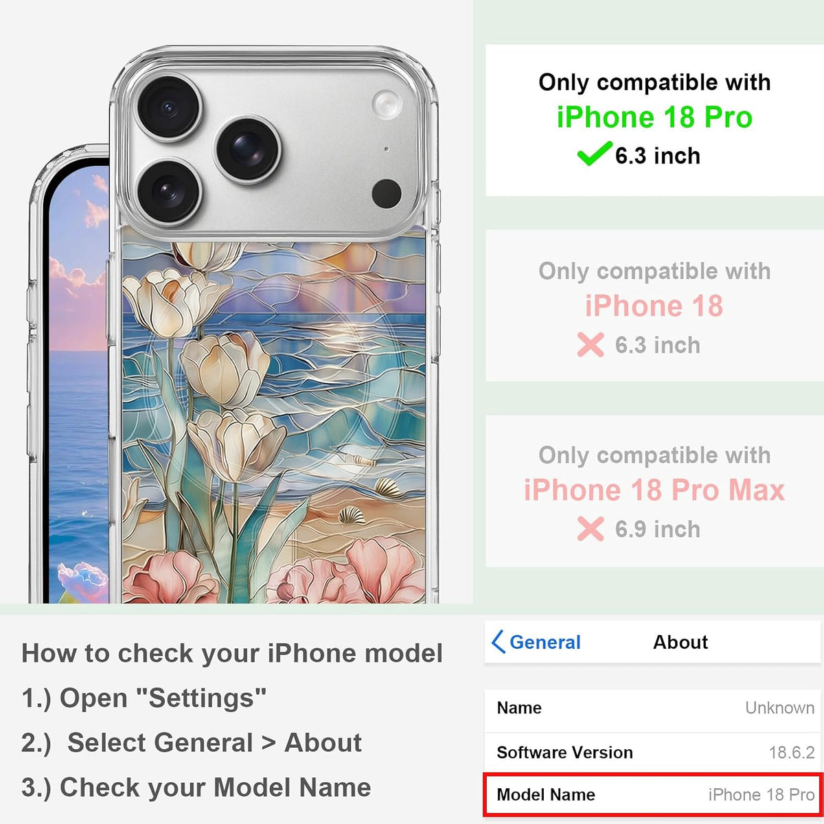for iPhone 18 Pro Floral Case, Clear Magnetic Design, Sunset Beachy