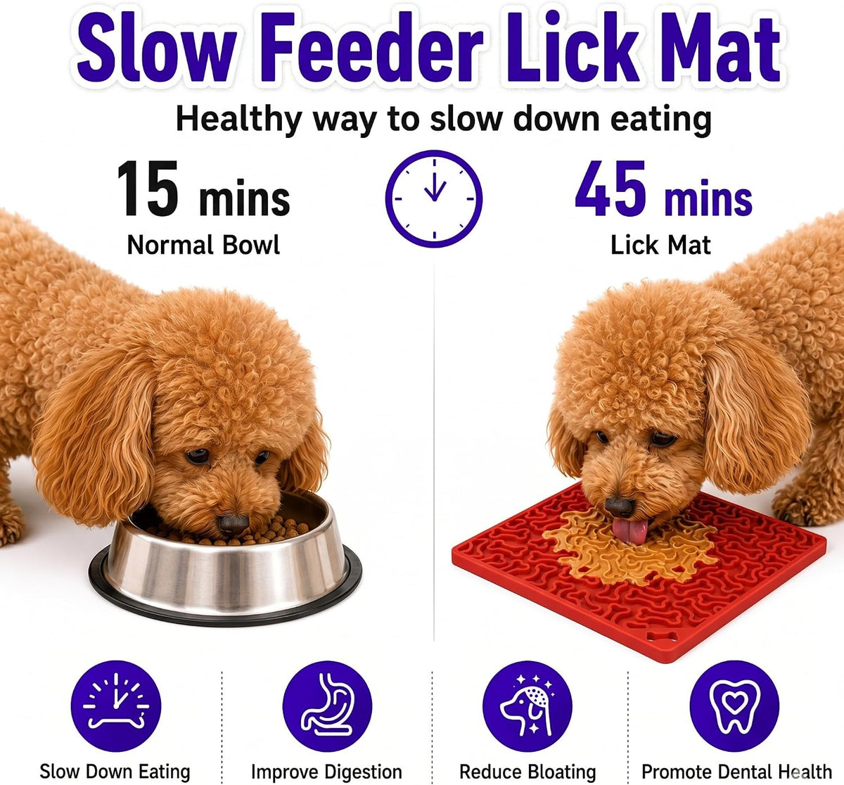 Dog Lick Mat with Strong Suction Cups, 2-Pack Multi-Texture Silicone Licking Mat for Anxiety Relief, Slow Feeder Pet Treat Mat for Dog Bathing, Grooming & Training, BPA-Free, Purple/Red
